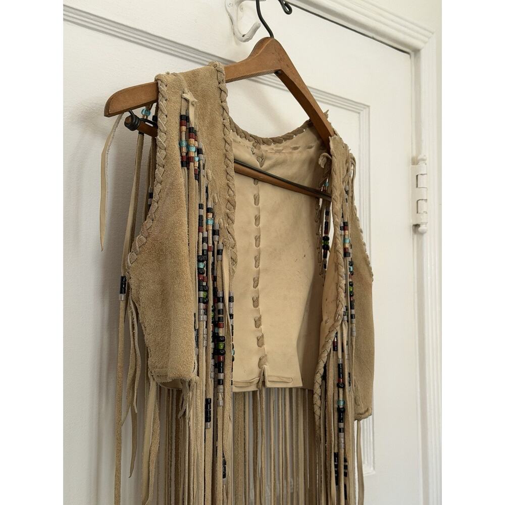 60s Beaded Native American‎ Vest Suede Leather Hippie Long Fringe VTG Festival - Picture 4 of 13